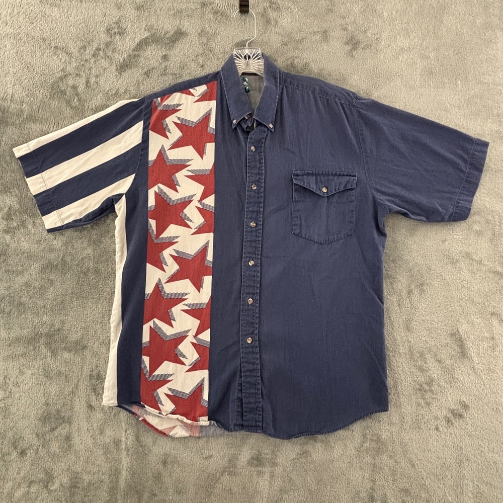 Vintage Roper Border USA Flag Shirt Mens L Stars Stripes Short Sleeve Button Up‎
